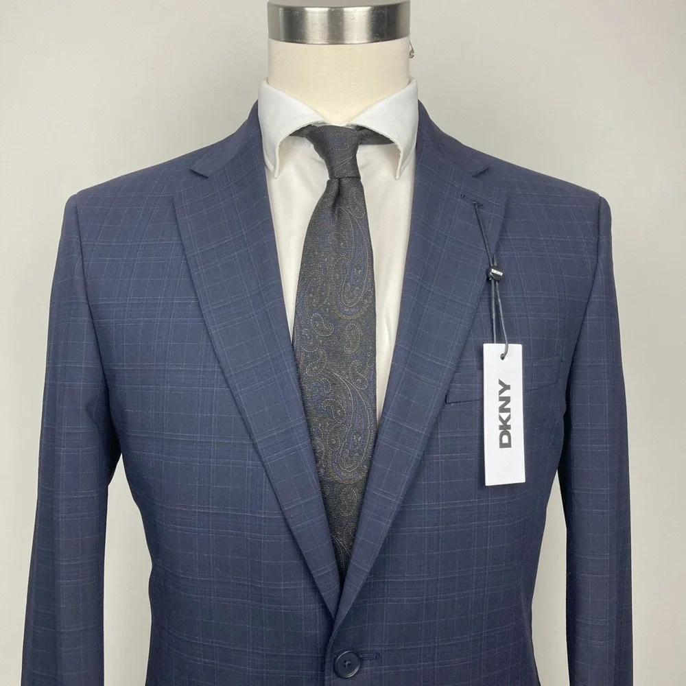 DKNY Mens Modern‎ fit 2-pc Suit Jacket 40L Navy Blue Solid Plaid Pants 35W 33L